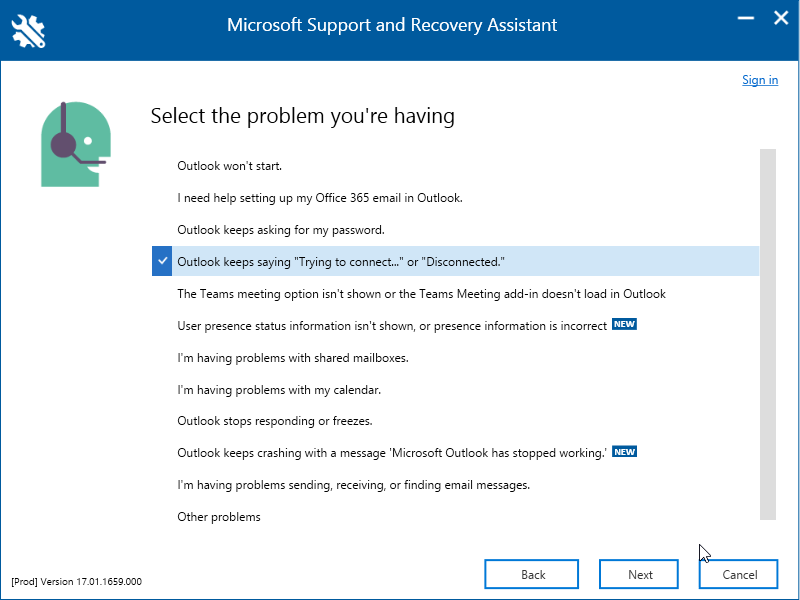 Select Outlook keeps saying Trying to Connect or Disconnected