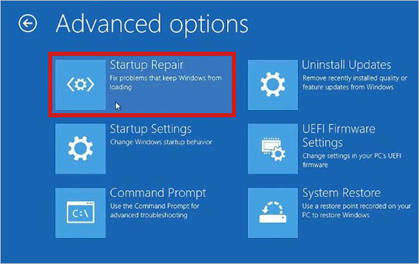 Select Startup Repair in Windows RE