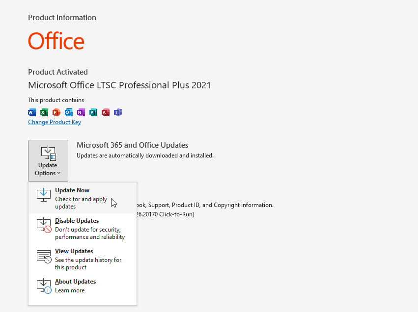 choose Update Now of Microsoft Office