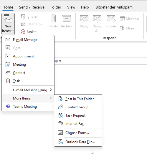 click New Items under the Home tab and then choose More Items then Outlook Data File