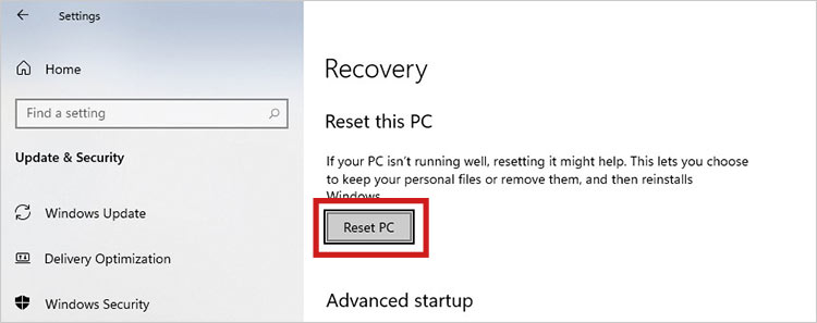 click Reset PC from Recovery settings
