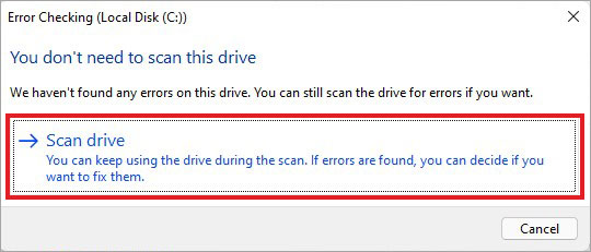 click Scan drive to run error checking tool