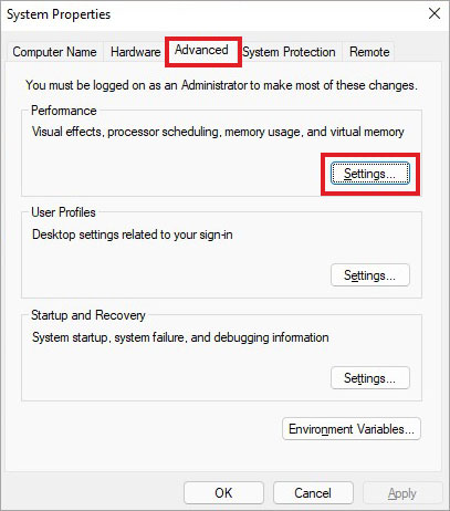 click Settings under Performance in Advanced tab on System Properties