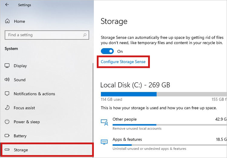 configuration storage sense in storage settings