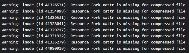 resource fork xattr is missing for compressed file error on macOS