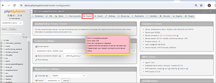 Clicking on Export Option on phpMyAdmin