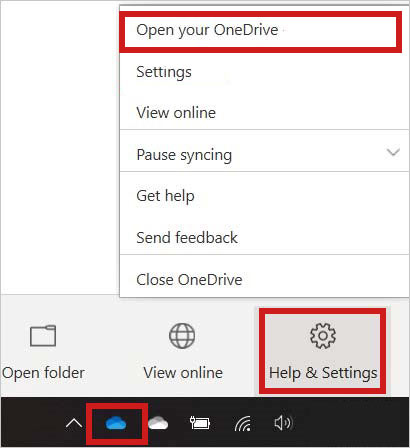 open Onedrive help and settings