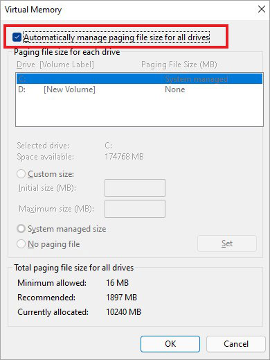 select Automatically manage paging file size for all drives option