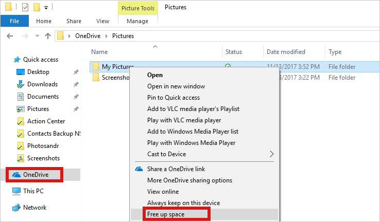 select Free up space in OneDrive folder