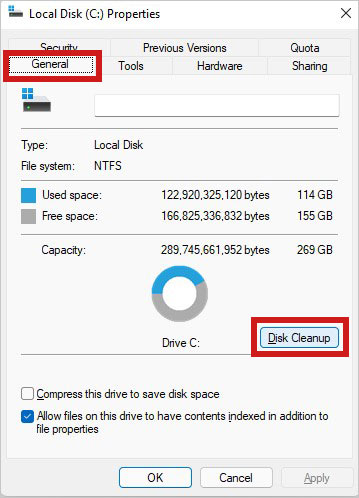 select disk cleanup under general tab