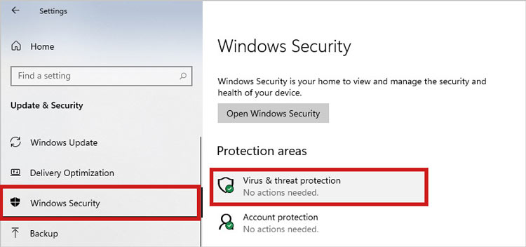 select virus and threat protection in Windows security settings