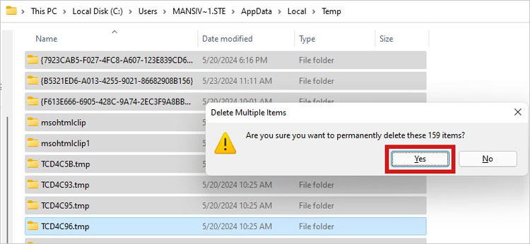 shift delete the temp files