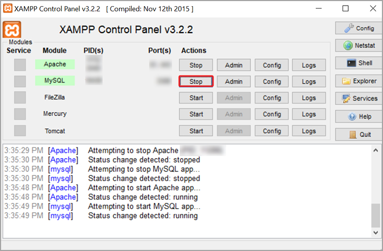 Click Stop Option in XAMPP Control Panel
