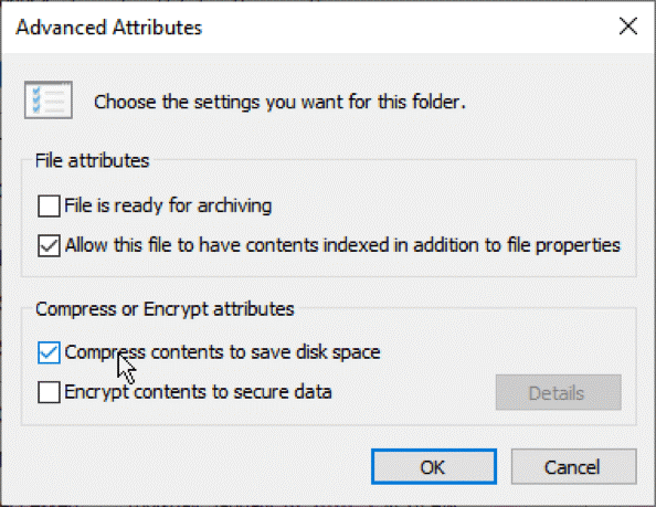 Check the ‘Compress contents to save disk space box click ‘OK and then ‘OK again
