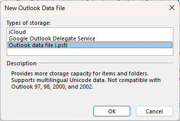 Choose Outlook data file .pst and click OK