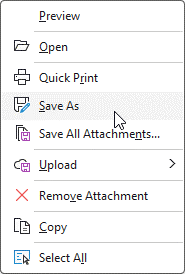 Choose Save As or Save All Attachments… and then choose a location or folder where you would like to save the attachments