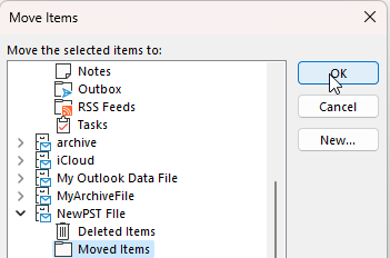 Choose the folder you created in the new PST file and click OK