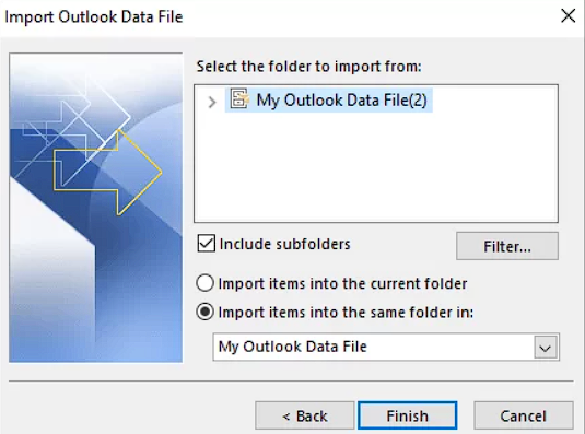 In the next step, select the existing PST folder, check 'Include subfolder' and 'import items into the same folder', then click 'Finish'.