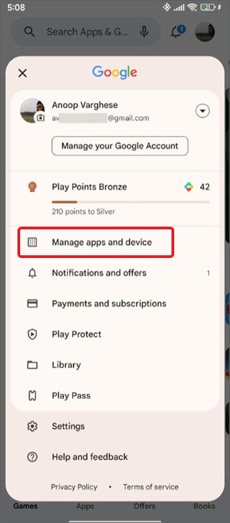 Select manage apps and device