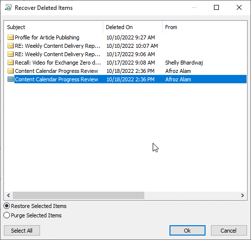 Recover Deleted Items window