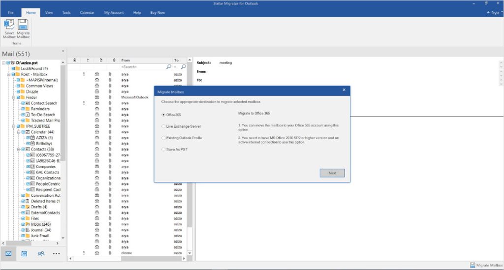 •	Once connected, you will receive ‘Migrate Mailbox’ dialog box. From there choose ‘Microsoft 365’ and then click on ‘Next’ to initiate the process. The software will redirect you to the already configured Office 365 account. 