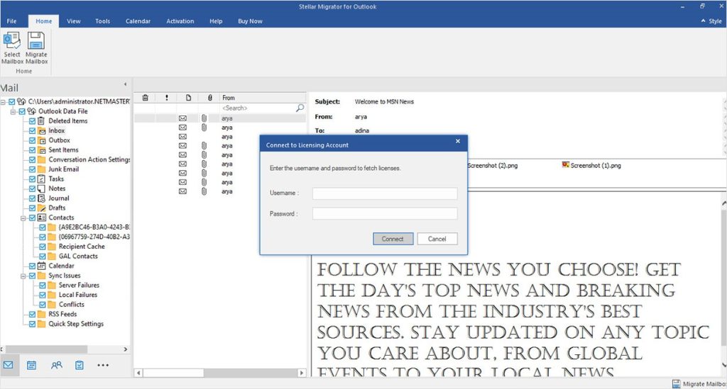 You will be asked to Connect to Licensing Account enter the username and password for your account for Migrator license