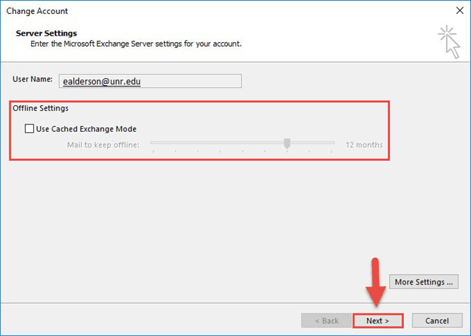 Change and then uncheck the ‘Use Cached Exchange Mode‘ checkbox and click ‘Next.