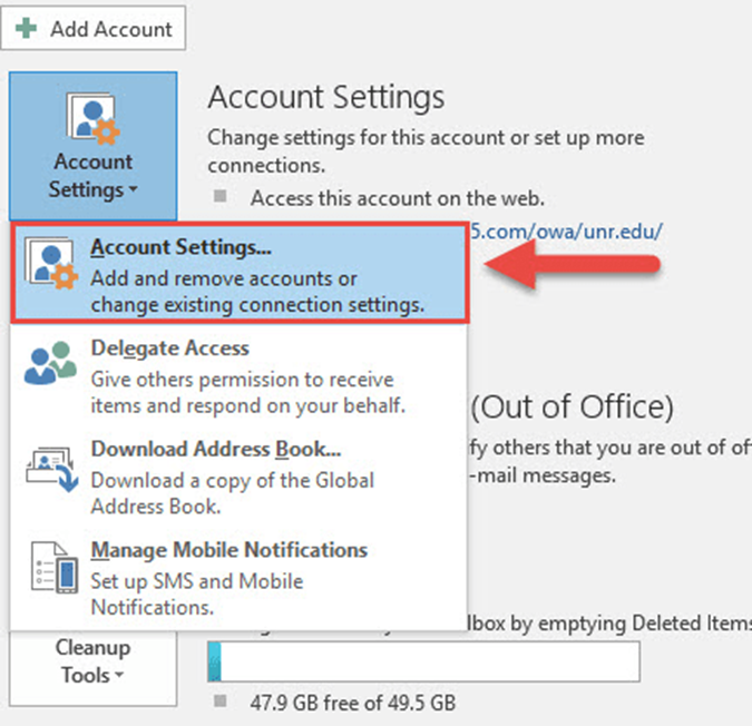 Outlook 2010, 2013, 2016, or 2019, navigate to File > Account Settings > Account Settings