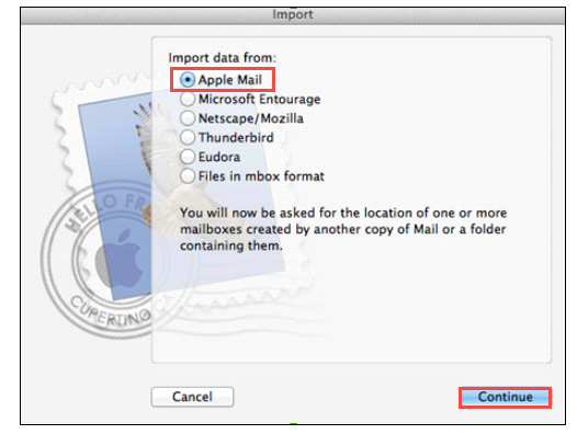 From the list of popular MBOX based email clients select Apple Mail option and click Continue