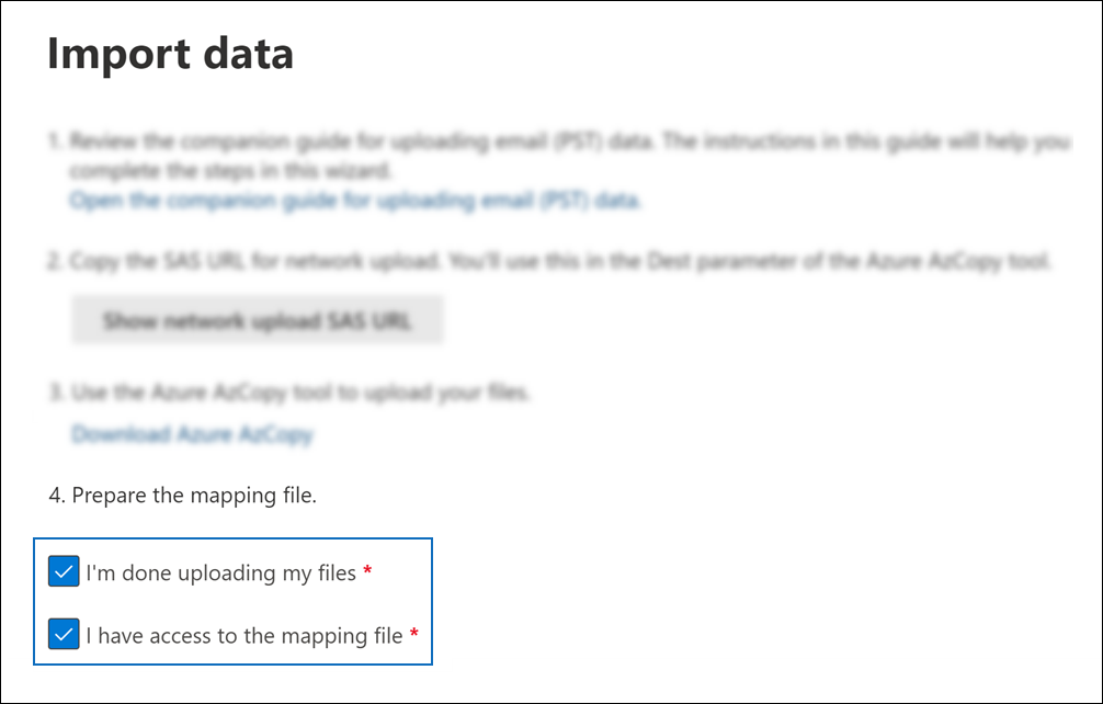 Go to the Office 365 import data wizard and check on the options Im done uploading my files and also I have access to the mapping file you will get a csv file and then click on Next