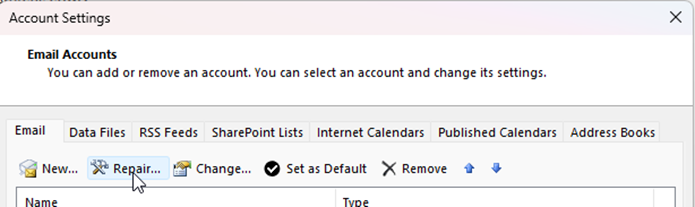 Email profile under the Email tab and click Repair