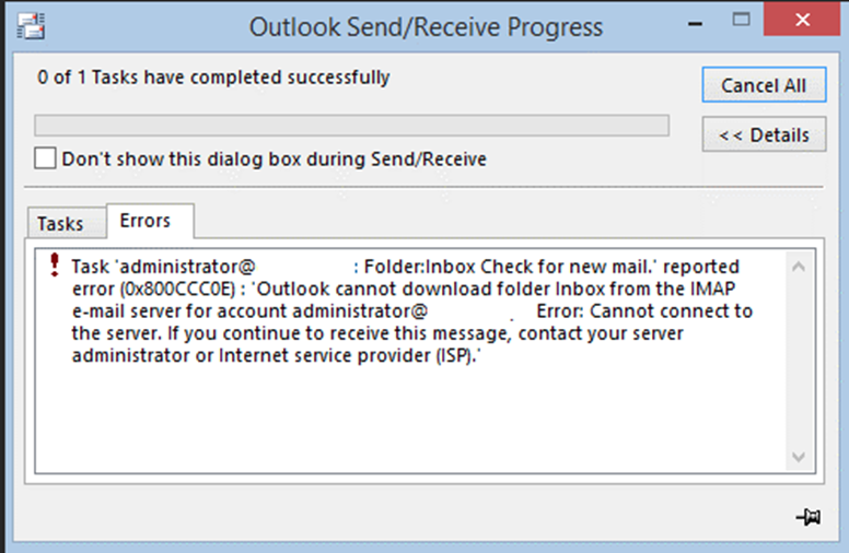 When trying to manually sync the mailbox folders in Outlook or sending emails, you may encounter the 0x800ccc0e error