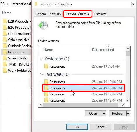 use previous versions via file explorer to restore permanently deleted files on windows pc