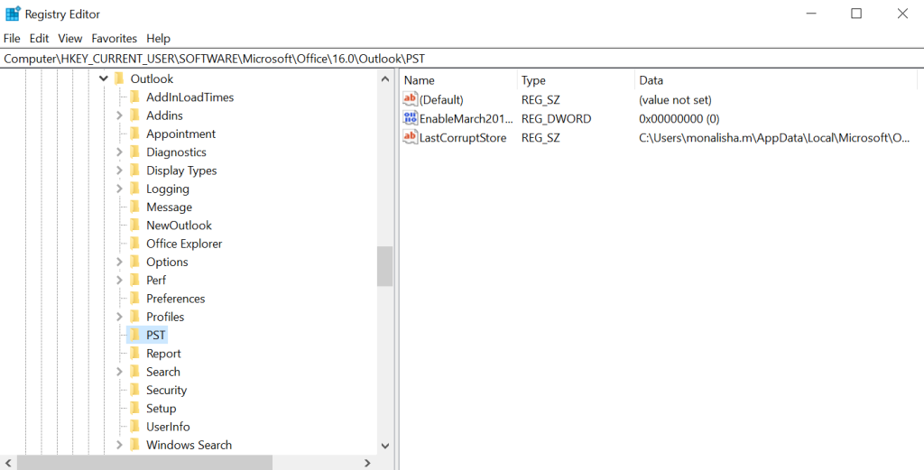 registry edit for Microsoft Outlook version 16