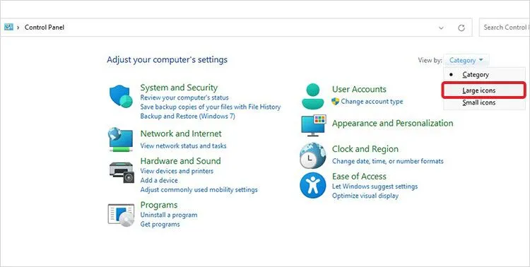 3 select large icons from View by category in control panel