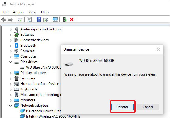 Click Uninstall to confirm removing device drivers