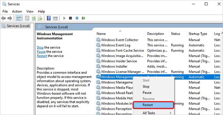 Locate Windows Management Instrumentation and click Restart