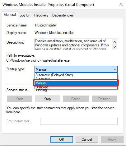 Set WMI Startup type to Manual