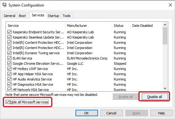 select Hide all microsoft services and Disable all