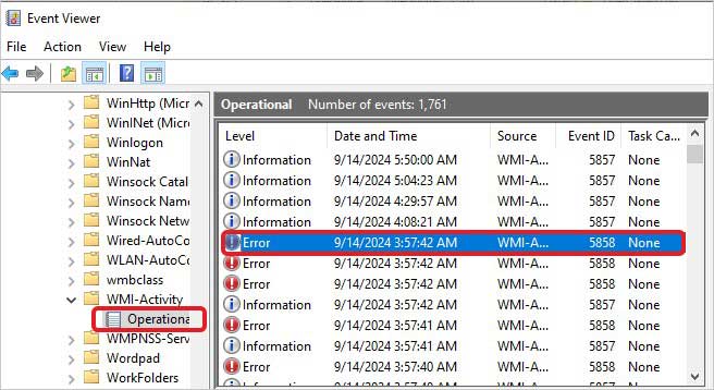 select Operational logs under WMI Activity and search for Errors