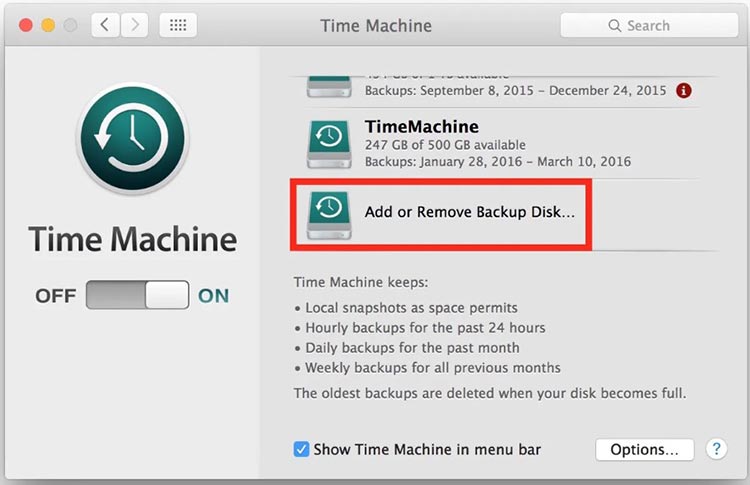 click add or remove backup disk