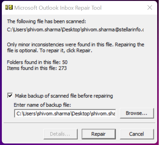 Ensure the option Make backup of scanned file before repairing is selected. Then, click Repair.