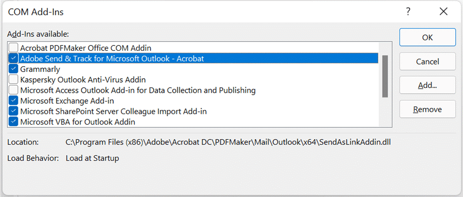 Go to the ‘Manage’ option at the bottom left of the screen, select ‘COM Add ins,’ and click ‘Go.’ This will open the list of all add ins.