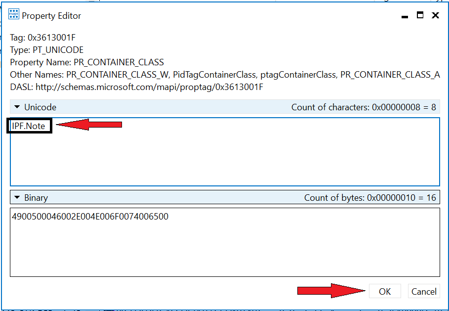 In Property Editor, change IPF.Imap to IPF.Note and click OK.