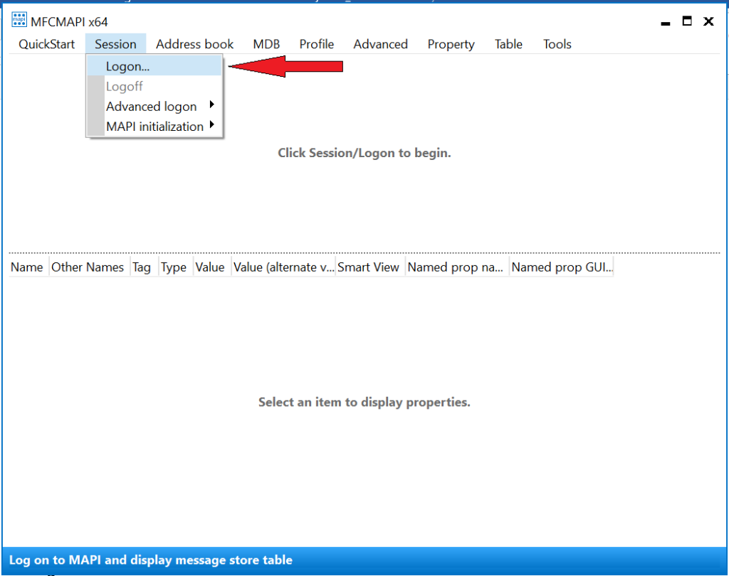 Open MFCMAPI, click on Session and then select Logon.