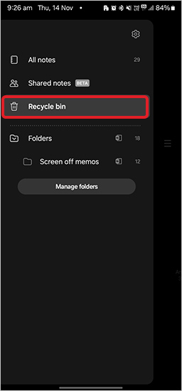 Recycle Bin folder in Samsung Notes