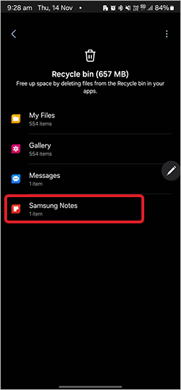 Recycle bin with Samsung Notes folder