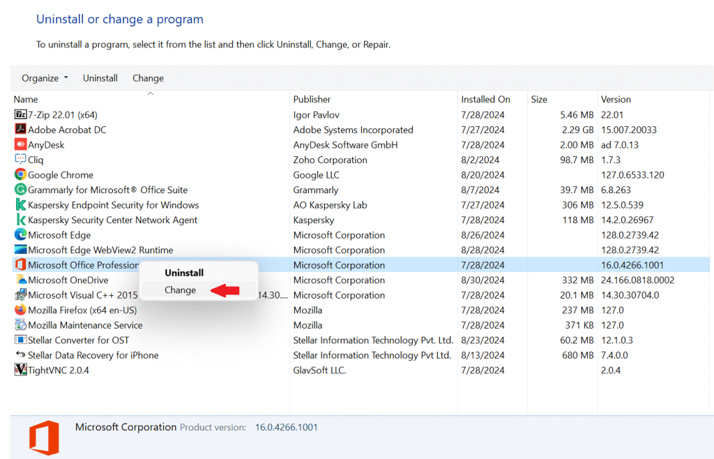 find your Microsoft Office version and right click it and then click change