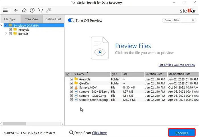 preview the files to be recovered from NAS