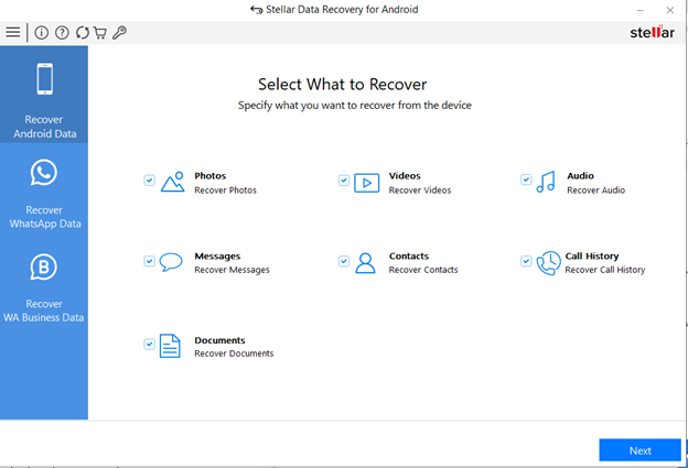 Select what to recover from stellar Data recovery for Android 